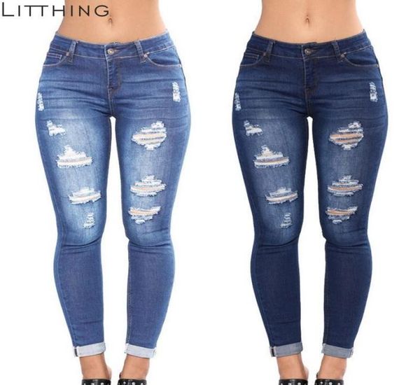 

litthing 2018 new arrival womens high waist casual denim pockets button ripped zipper jeans cotton fly skinny pencil full jeans9553065, Blue