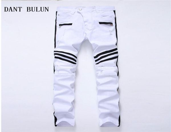 

new mens ripped jeans striped white straight skinny casual hole biker denim pants plus size trousers01035179282, Blue