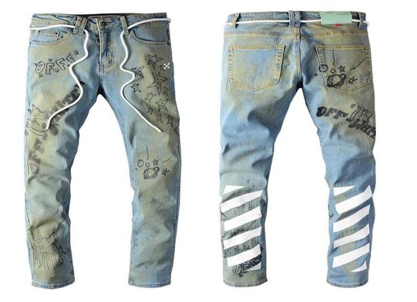 

2020high street fashion men039s jeans off printed embroidery light color stretch slim white jeans men039s fashion4718881, Blue