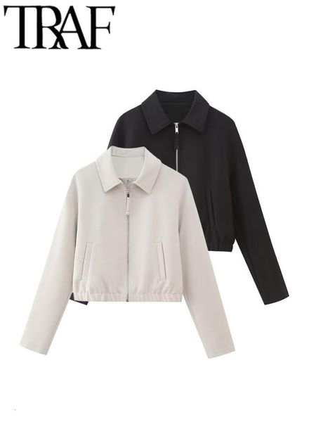 

women's jackets traf beige coat women wrist sleeve zipper lapel casual loose bomber jacket female crop outwear street 2023 autumn 23081, Black;brown