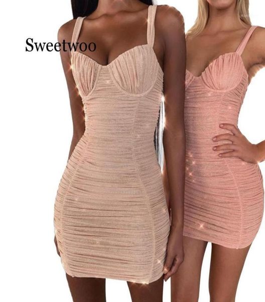 

2020 summer sequin glitter dress women spaghetti strap backless bodycon pleated club party dress female mini vestidos pink18273564, Black;gray