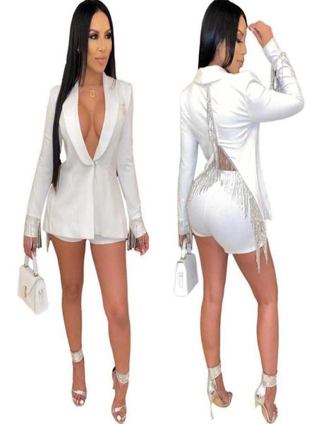 

new women set tassel deep v neck suit jacket coat and shorts two piece outfits 2010124513672, White
