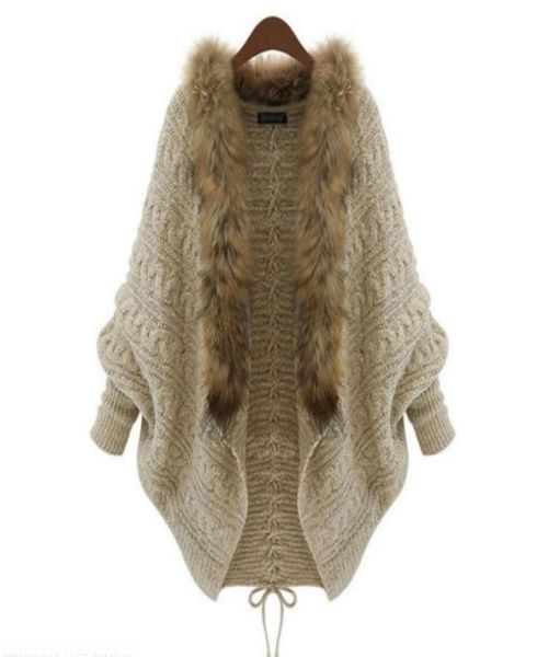 

women casual open neck long bat sleeve solid khaki fur collar winter knit cardigan women039s sweaters7721140, White;black