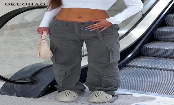 

summer womens vintage grey cargo pants high waist wide leg jeans baggy casual fashion multiple pockets mom hip hop street style 227881818, Black;white