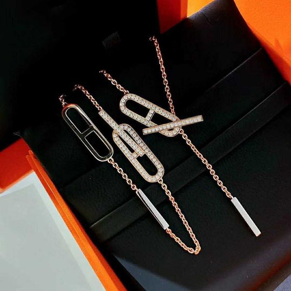 

h pig nose necklace 925 sterling silver plated 18k rose gold love horse home full diamond q-shaped tassel bracelet, Black