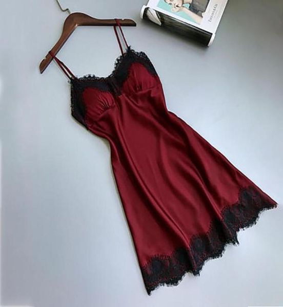 

women sleepwear sleeveless strap nightwear lace trim satin seksi bayan gecelikler nuisette femme de nuit koszula nocna a22728449, Black;red
