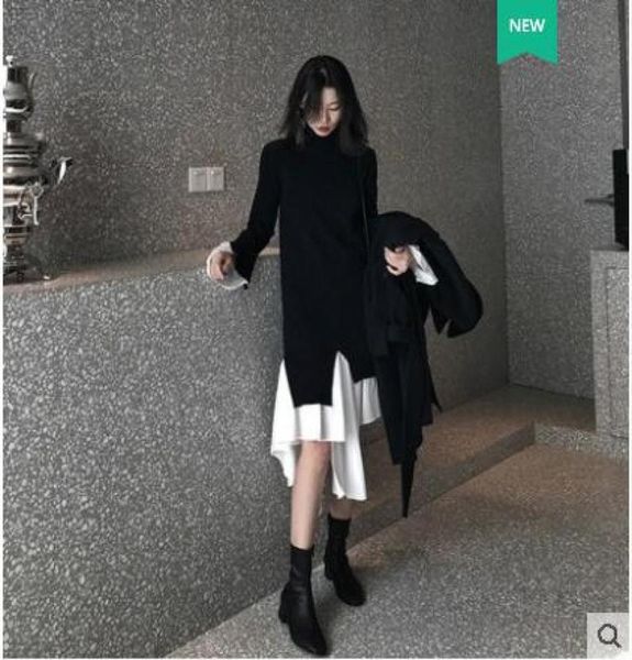 

european fashion new design women039s personality long flare sleeve knitted patchwork asymmetric ruffles bottom long sweater dr4886551, Black;gray