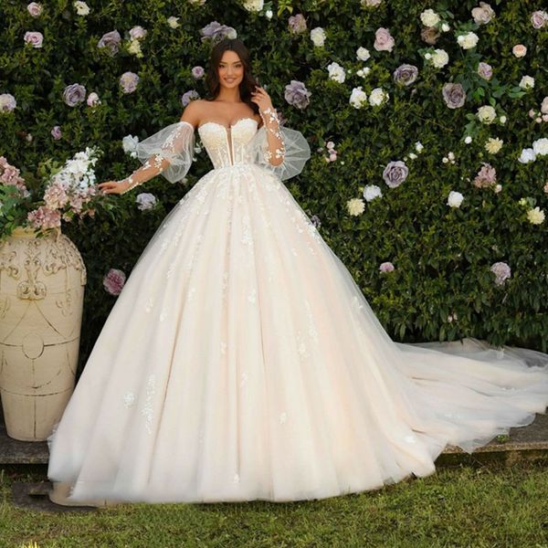 

fabulous puffy sleeve ball gown wedding dresses sweetheart lace appliques bridal gown boning vestido de novia for bride, White