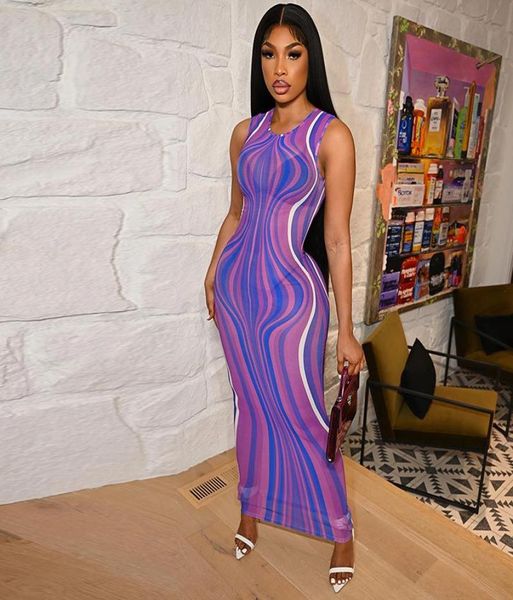 

ripple wave print midi dress women striped mesh transparent bodycon dresses summer elegant party outfits9640927, Black;gray