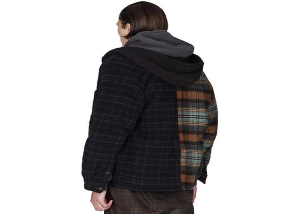 

fashionrepresent flannel jacket plaid hooded button jackets contrast color panelled street casual fashion coat outwear couple hfh5122980, Black;brown