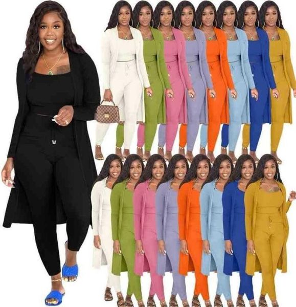 

3 piece set plus size s3xl women tank rib knit long sleeve cardigan coat cloak outfit elegant strech leisure suits8967328, Gray