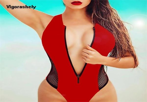 

vigorashely swimsuit women push up swimwear mesh zipper solid bathing suit female red blue monokini swimsuit 2103232517922, White;black