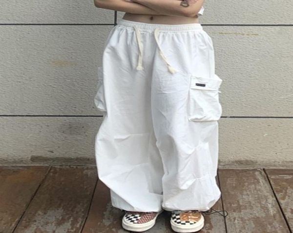 

qweek korean style streetwear white cargo pants women hippie oversize pockets black jogging loose wide leg trousers for female 2202329247, Black;white
