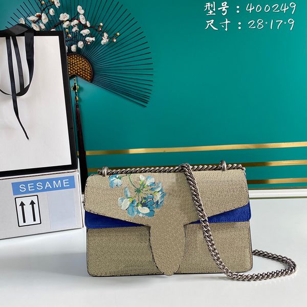 

classic designer shoulder bag luxury women letter print crossbody bags red blue flowers genuine leather silver metal chain handbag purse wit
