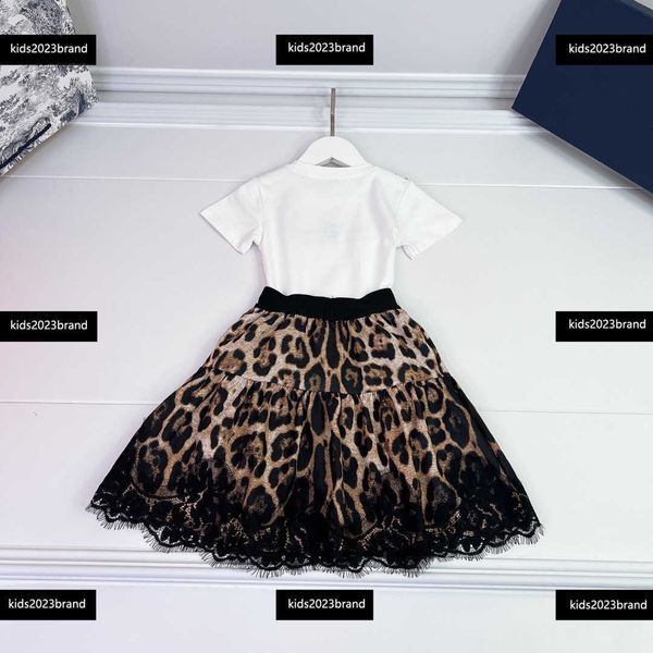 

kids clothes child sets baby 2pcs tracksuit lace lace t-shirt and leopard print skirt size 90-150 cm mar01, White