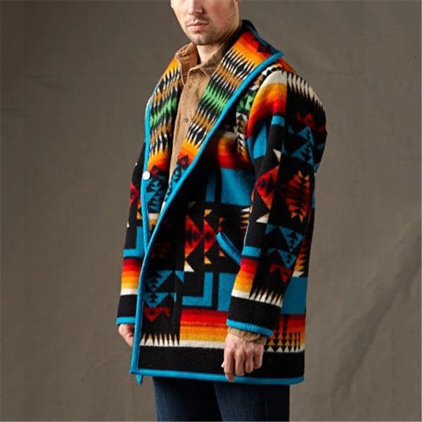 

mens wool blends jackets and coats ins springautumn printing fashion jacket geometric turndown collar single breasted woolen coat men 230818, Black