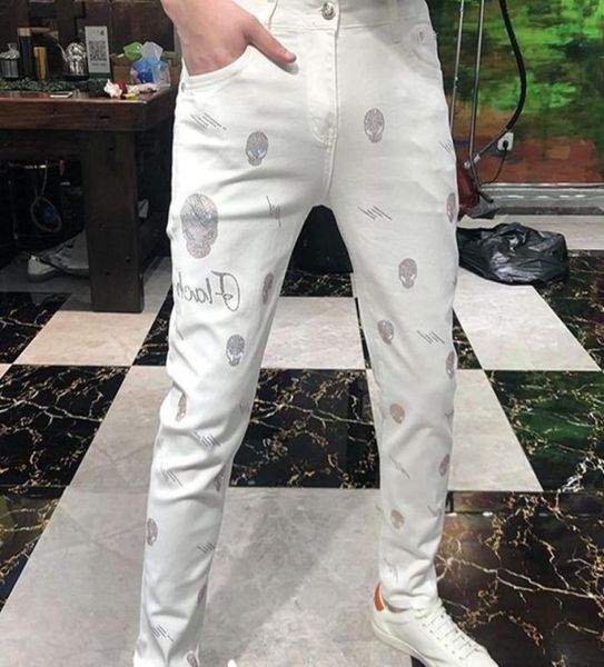 

hip hop skinny white pencil pants 2022 news streetwear slim zipper men jeans homme diamonds skull style male biker patch pant 2931322857, Blue