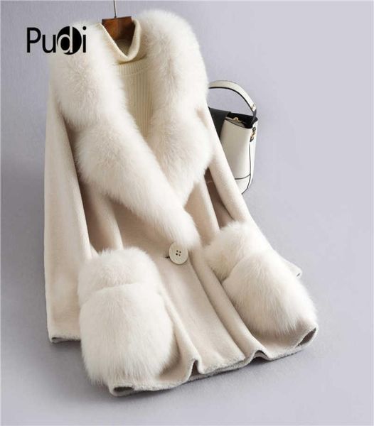 

pudi women039s winter real wool fur coat with fox fur collar new warm jacket coat lady long coats jacket over size parka h628 q5027240, Black