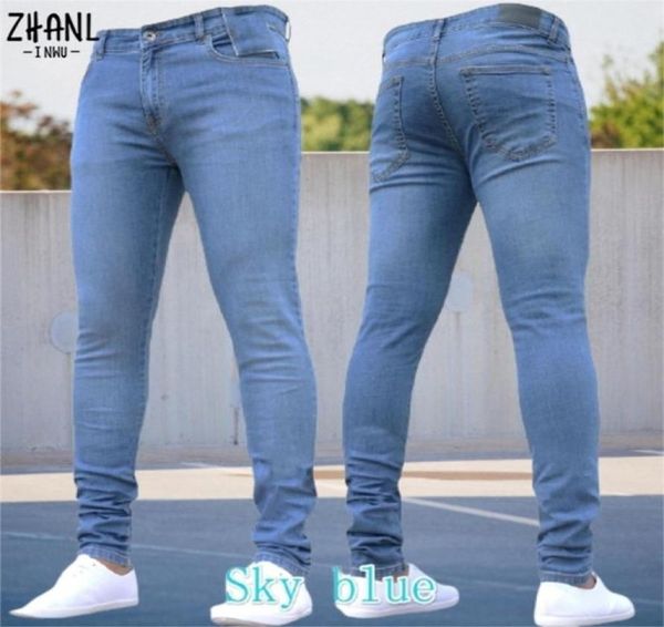 

mens pants pure color stretch jeans casual slim fit work trousers male vintage wash plus size pencil skinny for men 2204087628850, Blue