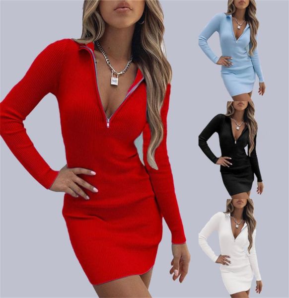 

women dress autumn winter turn down collar ladies solid color high waist zipper deep vneck long sleeve mini skirt party pullover 4231917, White;black