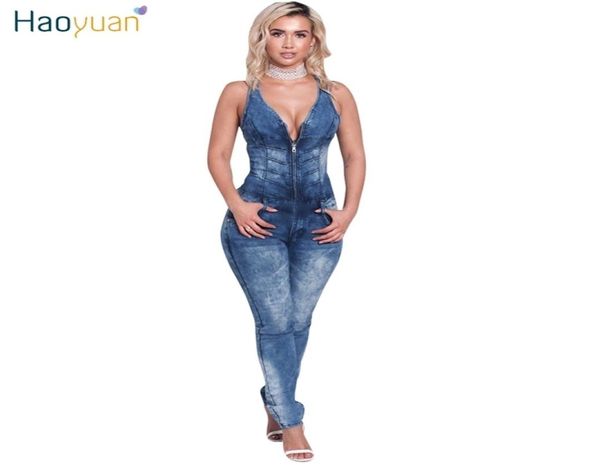 

haoyuan denim jumpsuits 2017 full bodysuit deep v neck bodycon overalls skinny front zipper jeans rompers women jumpsuit q1119717821, Black;white