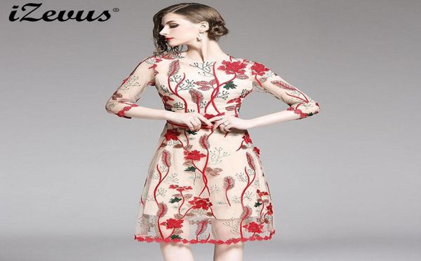 

casual dresses izevus dress luxury embroidery mesh festa female red floral robe designer cocktail wedding party vest8021544, Black;gray