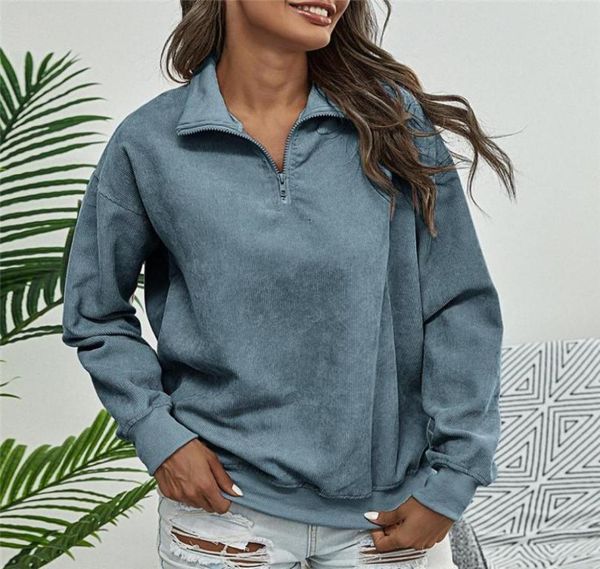 

womens vintage corduroy sweatshirts stand color zip up long sleeved pullovers autumn winter casual clothes fashion4895555, Black