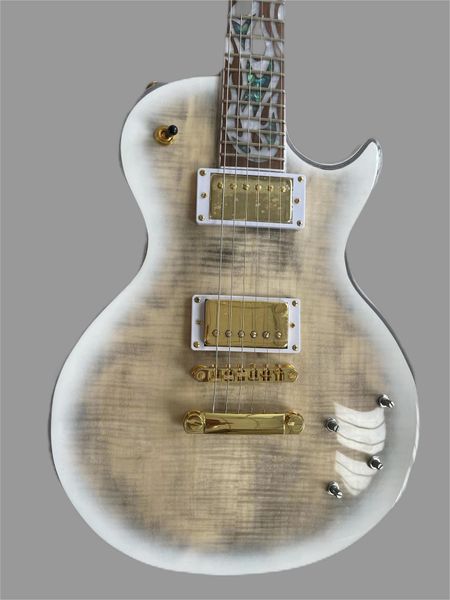 

limited run deep electric guitar, grey ice styling, flame beige neck, fire mosaic, grover empire tuner, hardware,