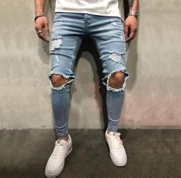 

stretch men knee ripped skinny jeans urban clothing punk korean blue black denim designer distressed joggers pants4031992