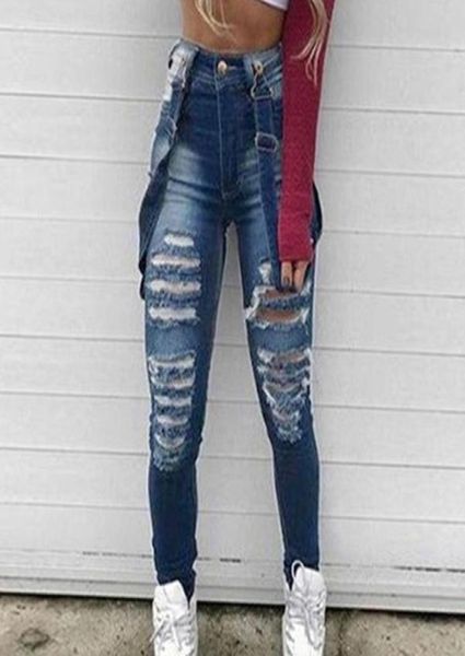 

laamei women039s denim bib overalls high waist ripped hole pencil pants ladies casual jeans jumpsuits and rompers4326299, Blue