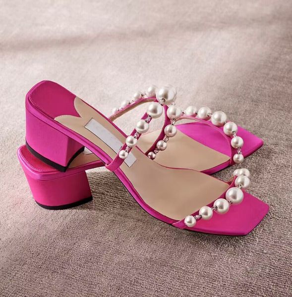 

perfect amara nappa leather sandals shoes women pearl embellishment strap block heels mules lady casual walking slip on slippers with box eu, Black