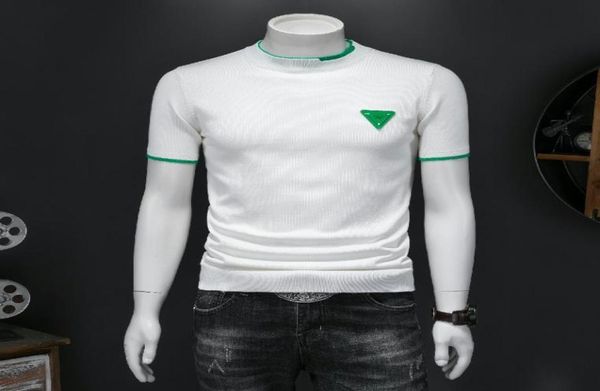 

new round neck men039s shortsleeved knitted tshirts thin slim fit stitching fashion embroidery printing versatile casual9090337, White;black