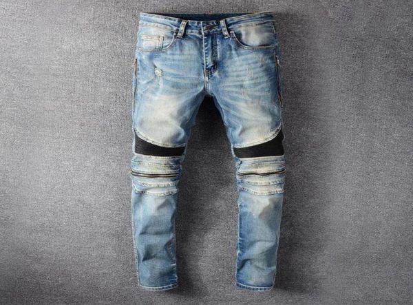 

men039s jeans fashion streetwear men retro blue elastic slim fit ripped punk trousers patchwork spliced designer hip hop biker 7558392