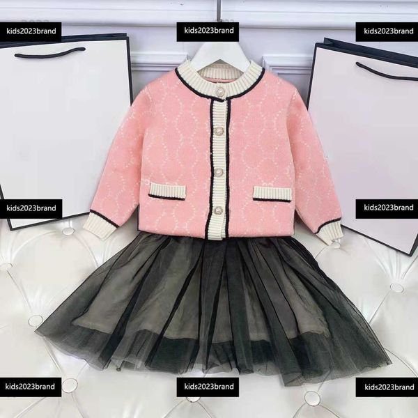 

children clothing sets girls knitted cardigan +no-sleeved skirts princess mesh dresses baby suits kids clothes two piece set, White