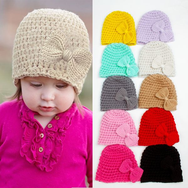 

m616 new autumn winter infant baby kids knitted hat candy color children bowknot skull beanies caps girls warm hats, Yellow