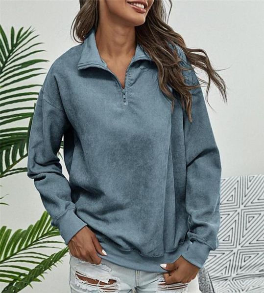 

womens vintage corduroy sweatshirts stand color zip up long sleeved pullovers autumn winter casual clothes fashion6542661, Black