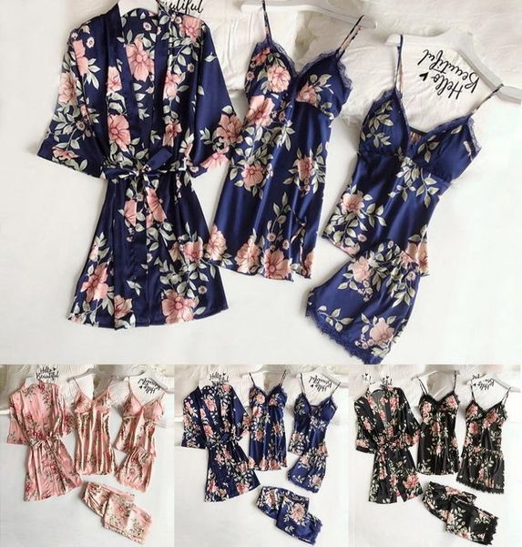 

womens pajamas set long sleeve robe lace lingerie nightwear underwear sleepwear 5pcs suit pajama sets lj2008221109577, Black;red