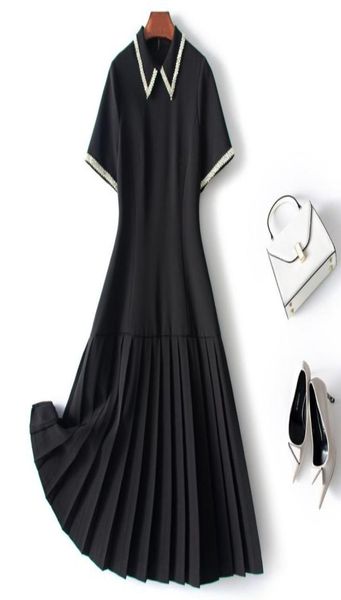 

17723 ol new summer women elegant occasion dresses doll collar short sleeve beading solid color pleated dress for ladies blackwh4787416, White;black