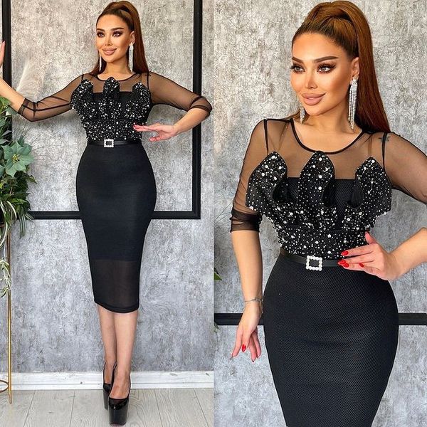 

2023 luxurious arabic cocktail dresses beaded crystals tea length sheath evening prom party dress homecoming gowns cutaway sides, Black