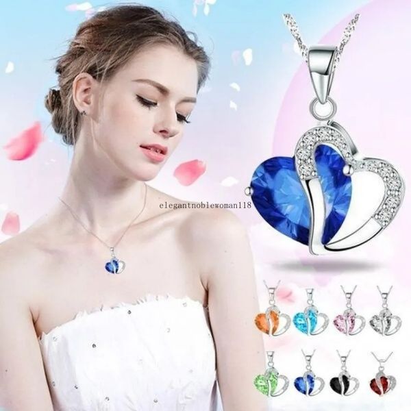 

10 colors romantic crystal pendants necklaces for women beautiful love heart shaped silver chain choker female fashion jewelry in bulk