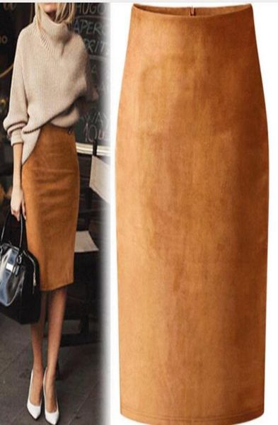 

multi color suede midi pencil skirt women 2018 fashion elastic high waist office lady bodycon skirts saias4094186, Black