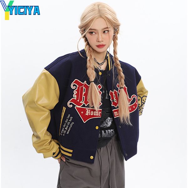 

womens jackets yiciya jackets winter coats vintage bomber women varsity jacket university embroidery oversize motorcycle baseball coat 23081, Black;brown