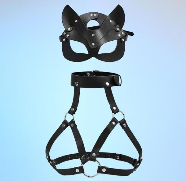 

garters women bondage body harness lingerie goth crop cage bra leather belt with mask rave wear for set5448733, Black;white