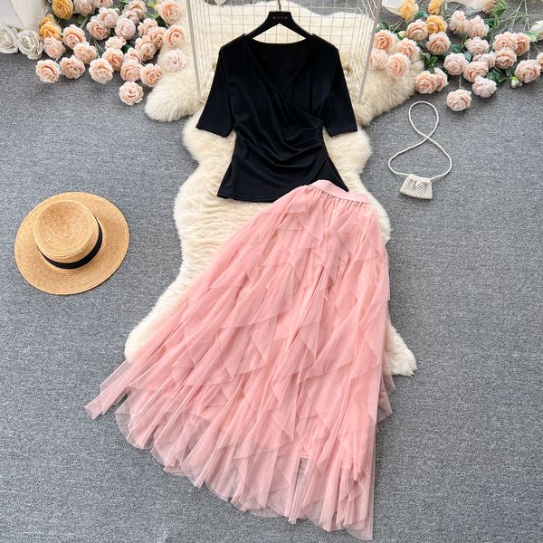 

two piece dress new fashion french suits women's v neck pleated short sleeve t-shirt high waist mesh skirt two-piece sets 2023, White