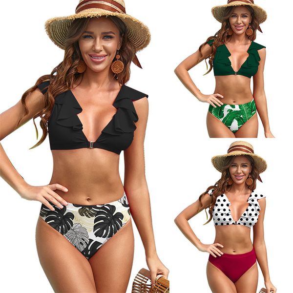 

polka dot bikinis for women ruffle trim beach wear brazilian swimming costume mid waist bathers vintage swimsuit beach equipment lady swimwe