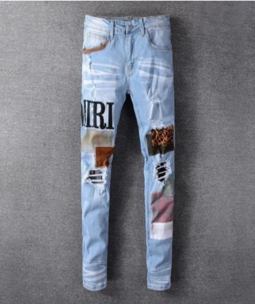 

hip hop jeans men high street fashion brand new black patch embroidery stretch slim fit jeans mens summer3971612, Blue