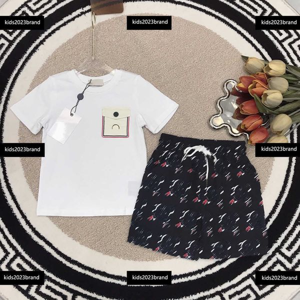 

kids clothes child sets baby dress summer 2pcs contrast pocket t-shirt and anthropomorphic logo shorts new product size 100-150 cm mar08, White