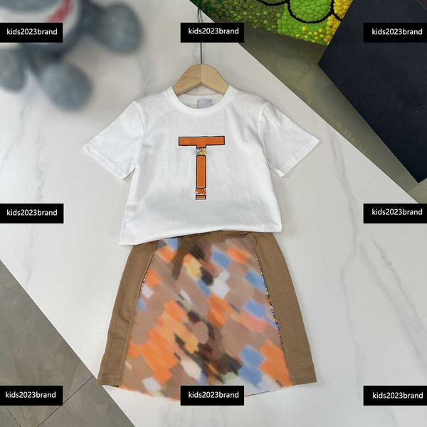 

kids clothes child sets baby dress 2pcs summer lace neck collar t-shirt and gold shiny leather skirt new arrival size 90-150 cm mar08, White