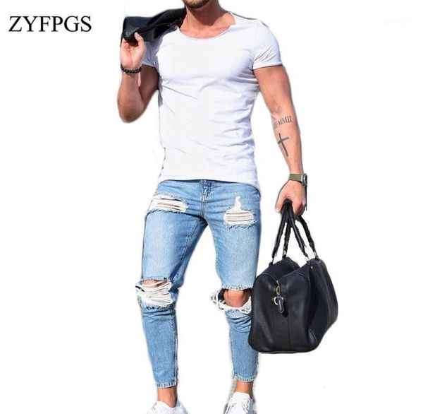 

zyfpgs men hole demin jeans elasticity hip hop men039s light blue jean skinny jeans male small foot slim fit men 201813124007