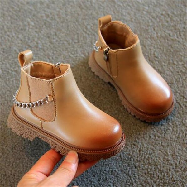 

autumn winter kids martin boots fashion non-slip boy girl ankle boot chain decoration snow boot children leather shoes, Black;grey